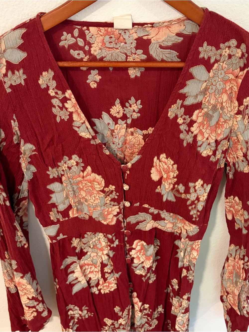 Wild Pearl Burgundy Floral Button-Front Long Sleeve Maxi Dress